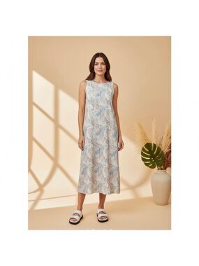 JOIE Paisley Silky Satin Sleeveless Slip Midi Dress Size XL Silver Blue